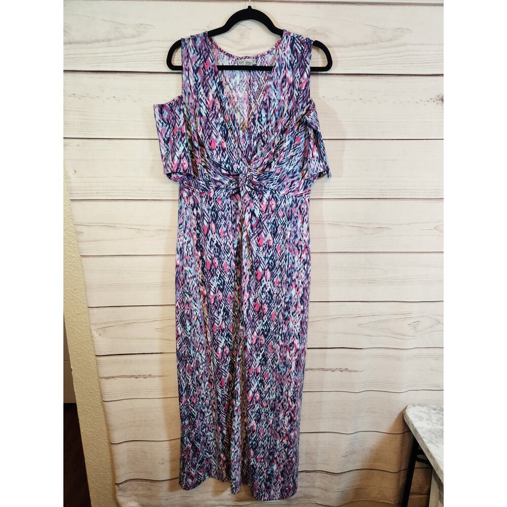 Catherines Women's Purple Geometric Cold Shoulder Gathered V-Neck Maxi Dress 0X‎
